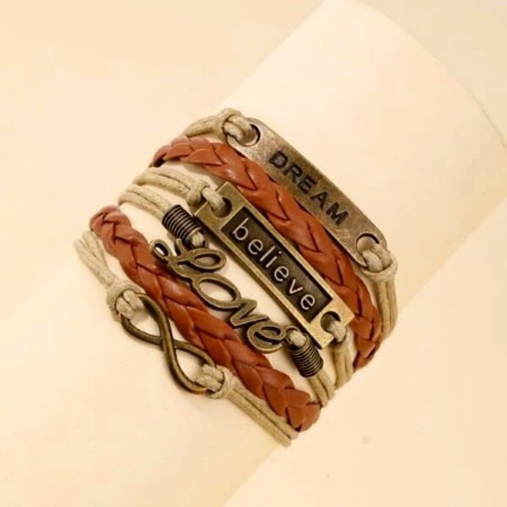 INFINITY LOVE DREAM BELIEVE LAYERED LEATHER BRACELET IN BROWN AND ANTIQUE GOLD